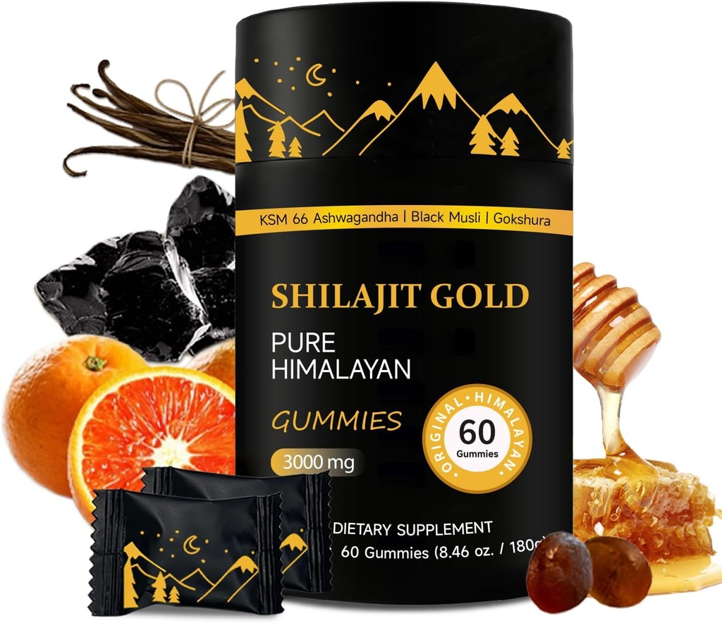 Shilajit Gummies | Pure Himalayan Shilajit Gummies Oro | Ashwagandha, Gokshura | Acido Fulvico & 85+ Minerali di Traccia per Uomini, Donne | Non-GMO | Lab Tested | Nessun Aggiunto Zucchero I 60 Gummy
