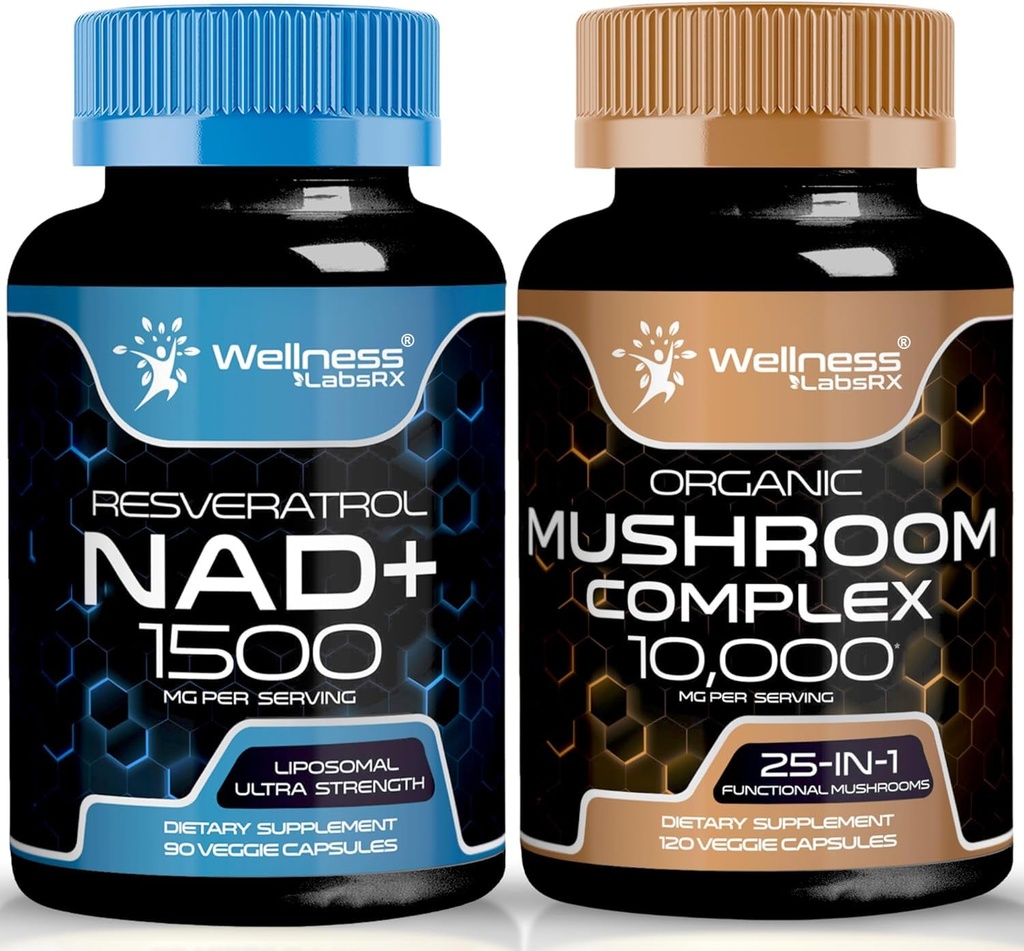 WELLNESS LABSRX NAD Supplemento, 1500mg - Liposomal NAD+ Supplemento con Resveratrolo | Capsule Integratori per Funghi Organici - 10000mg - 25 in 1 Capsule Complesso di Funghi