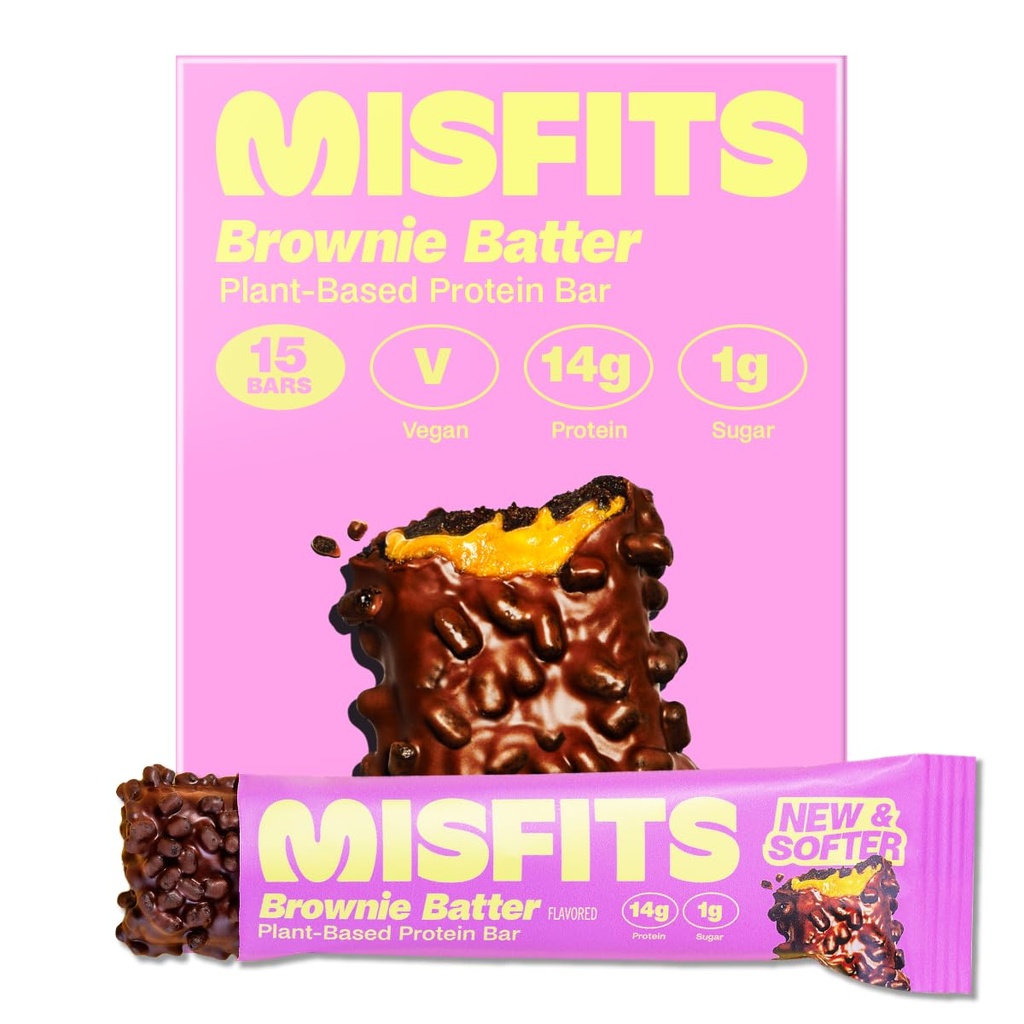 Misfits Vegan Protein Bars, Brownie Batter - Ricetta aggiornata | Plant Based, Low Sugar & Carb, High Fiber Snacks | Confezione di 15