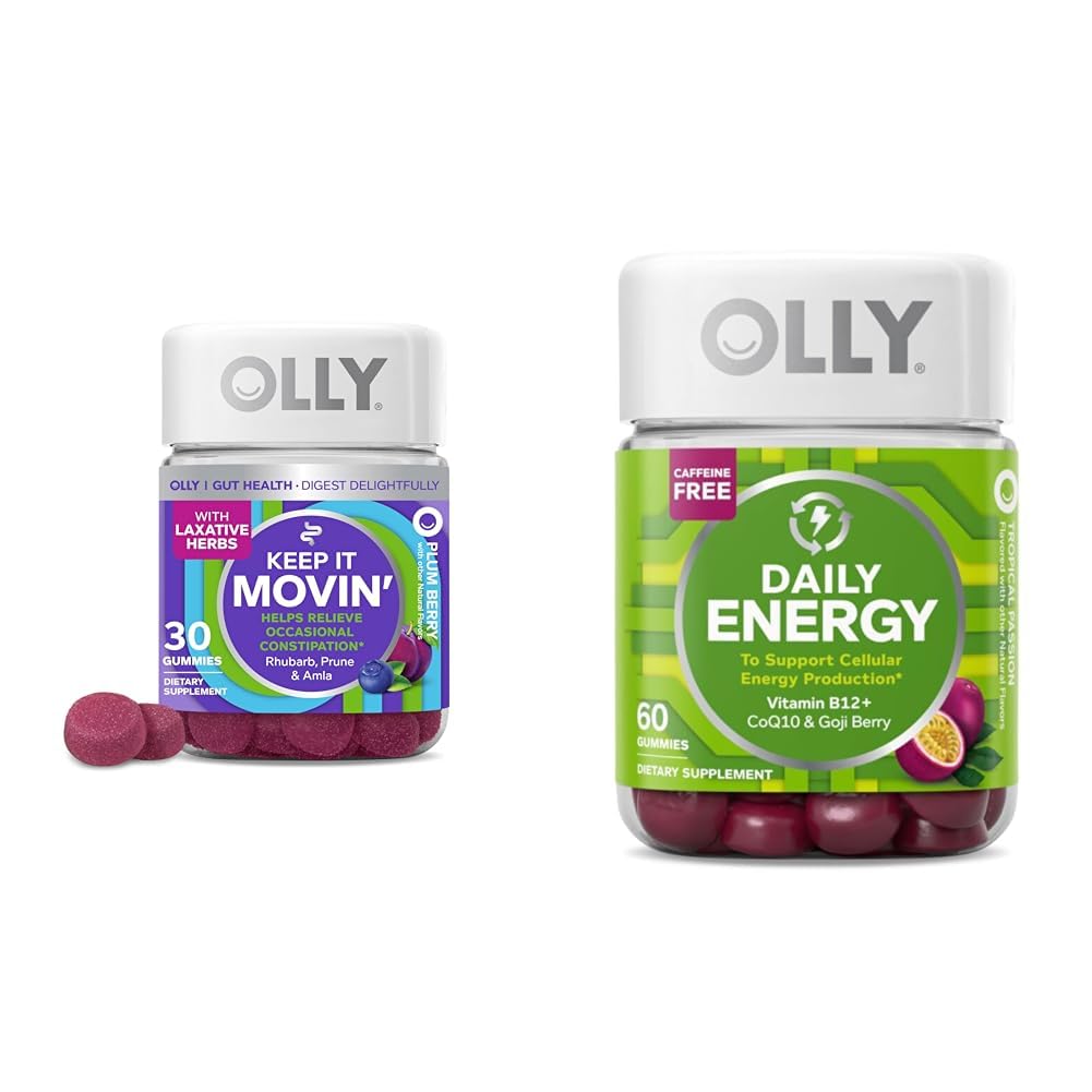 OLLY costipazione sollievo 30ct, Energy Gummy 60ct - Rhubarb Prunes Amla Berry, B12 CoQ10 Goji Tropicale