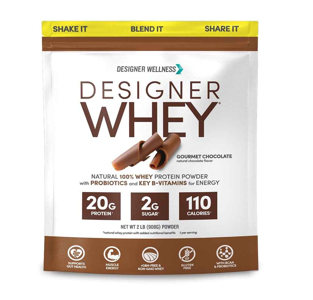 Designer Wellness, Designer Whey, Polvere naturale di proteine del siero di latte con probiotici, fibra e chiave B-Vitamins per energia, senza glutine, cioccolato gourmet, 2 lb