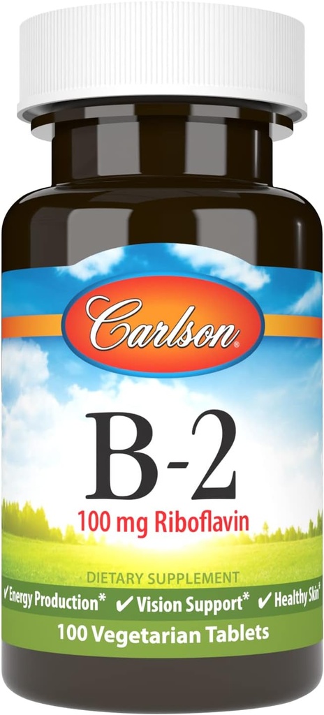 Carlson - B-2, 100 mg Riboflavin, Produzione Energetica, Vision Support & Healthy Skin, 100 compresse vegetariane
