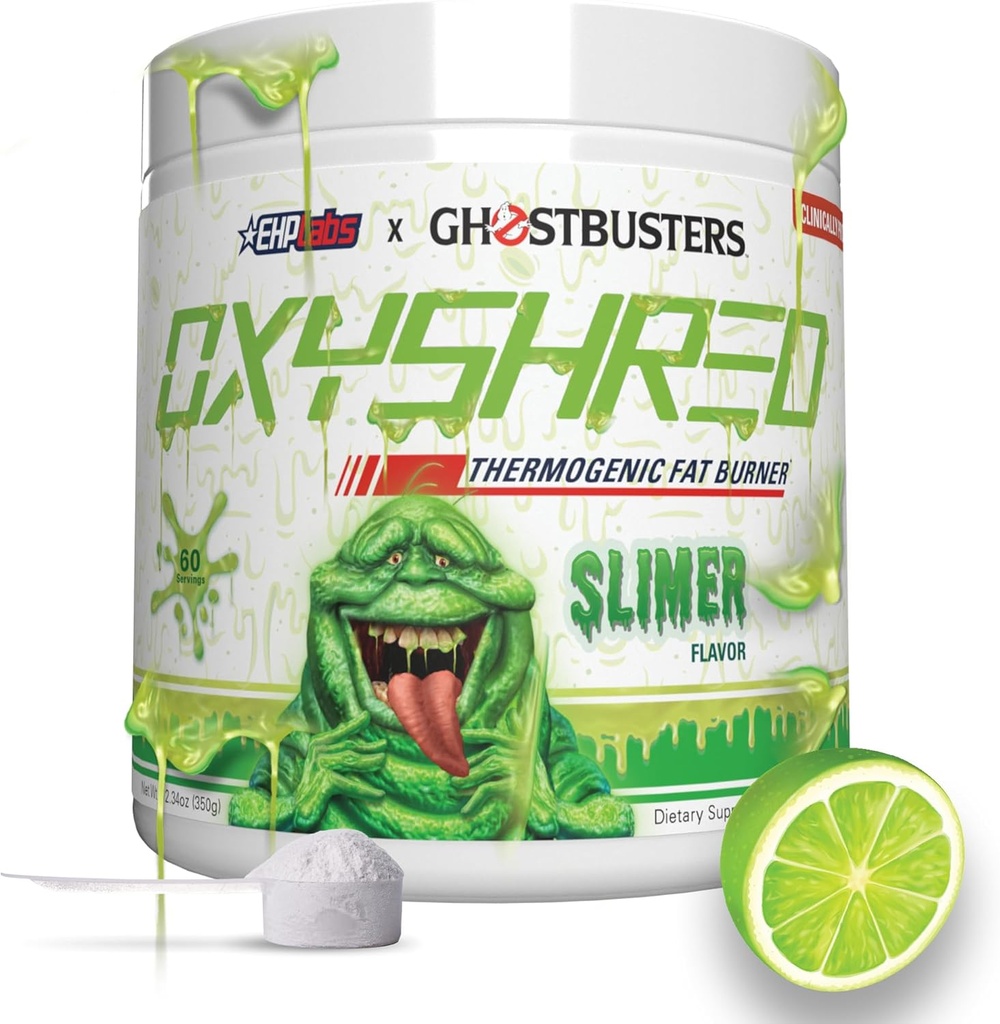 EHP LABS Ghostbusters OxyShred Thermogenic Pre Workout Powder & Shredding Supplement - Clinically Proven Preworkout Powder with Acetyl L Carnitina, Energy Boost Drink - Slimer Lime, 60 Servings