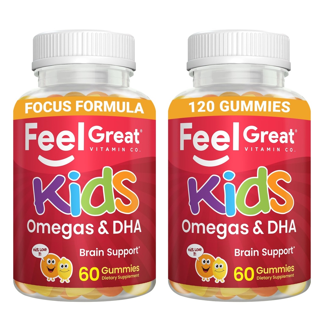 Feel Great Vitamins Kids DHA Gummies con Omega 3 6 9, Vitamina C (2-Pack) | Supporta la funzione sana del cervello, la visione e la salute del cuore | Gluten Free, Vegetariano | 60 Gummies