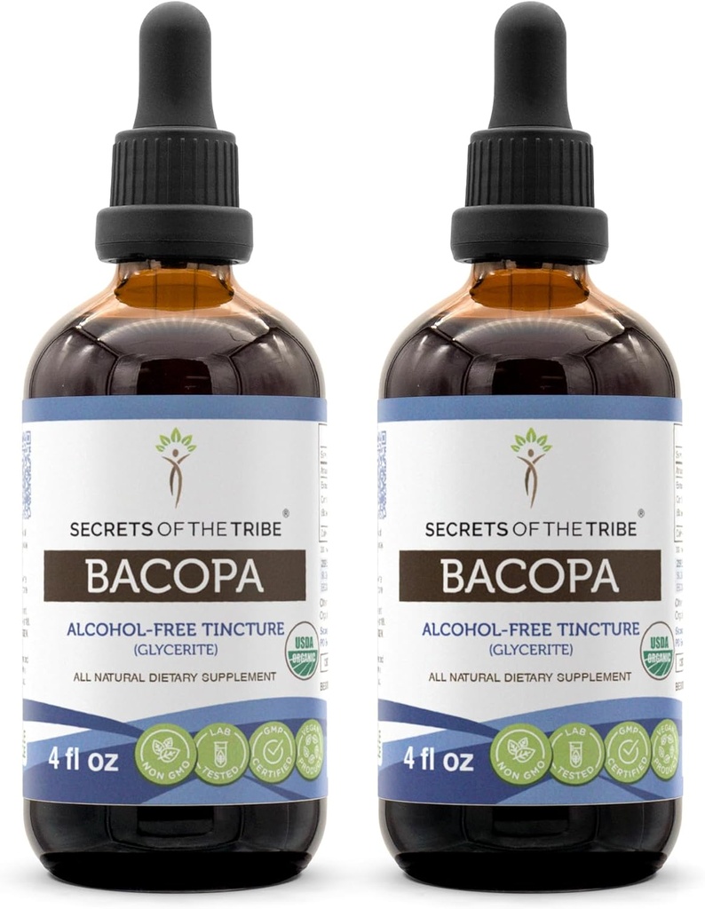 Bacopa USDA Organic | Estratto di Alcohol-FREE, Gocce di erbe ad alta potenza, Rilassamento, Effetto cognitivo positivo | Realizzato in Bacopa organica certificata al 100% (Bacopa Monnieri) Erbe secca 2x4 oz