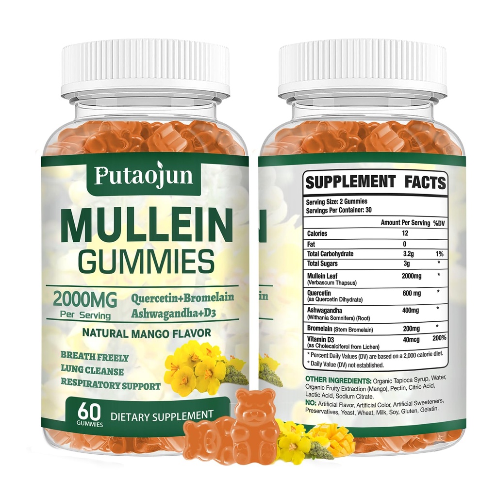 Gummie di Mullein per la pulizia polmonare | Supporto Immune organico | Gummies Respiratory Health 2000mg | Mango Flavor, Non-Sticky | Sanità polmonare, Sollievo del seno | Estratto di foglie di Mullein | 1 confezione