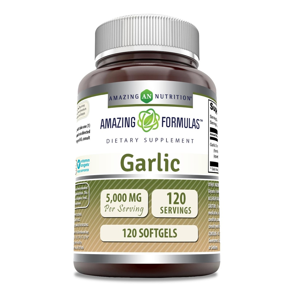 Amazing Formulas Aglio Supplemento | 50 Mg Concentrate (100:1) | 5000 Mg Equivalent | 120 Softgels | Non OGM | Gluten-Free | Made in USA