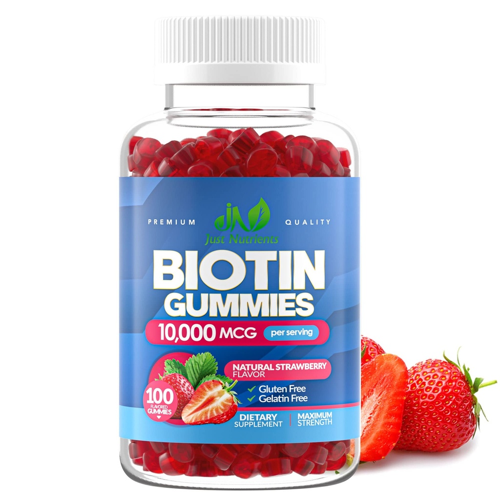 Biotin 10.000mcg Gummies per le donne e gli uomini (100 Conte) - 2x Biotina di massima resistenza per la crescita dei capelli, pelle e chiodi - senza glutine, vegano, non OGM, Grande aroma di fragola di degustazione - 100 Gummies