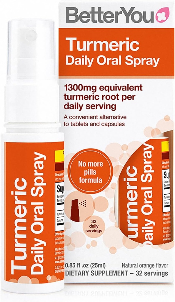 BetterYou Turmeric Oral Spray - Natural Liquid Turmeric Supplement - un'alternativa facile e confortevole Pillola - Natural Orange Flavor - 0.85 oz