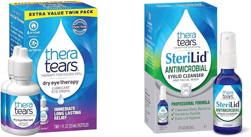 TheraTears Dry Eye Therapy Lubricating Gocce per occhi secchi, 1 fl oz Bottiglia Twin Pack & SteriLid Eyelid Cleanser e Face Wash, per occhi irritati, 2 fl oz Spray