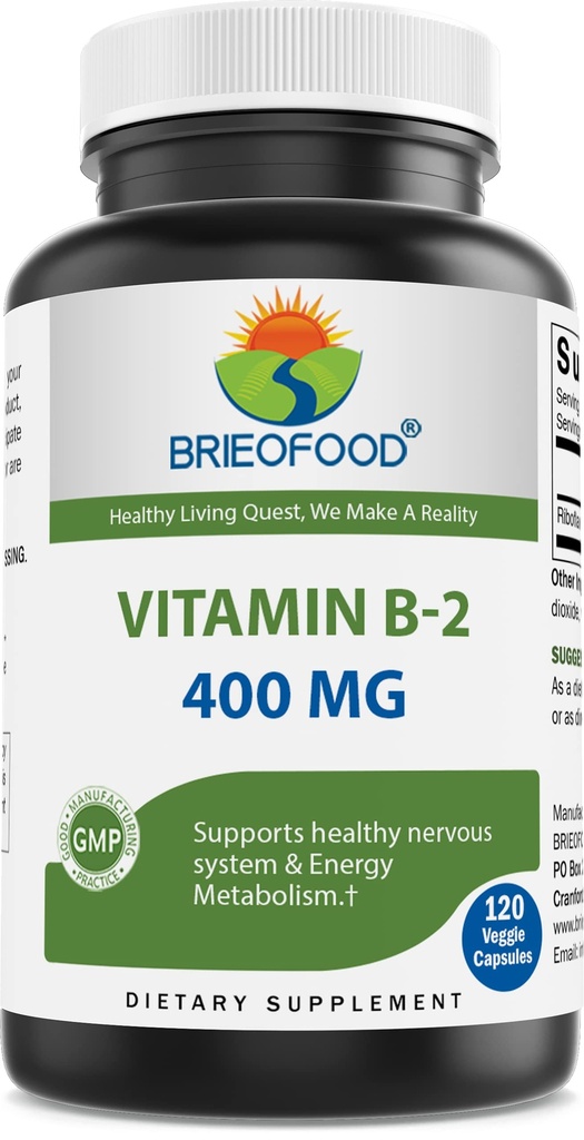 Brieofood Vitamina B2 (Riboflavin) 400mg, 120 capsule di verdure - senza glutine, non OGM