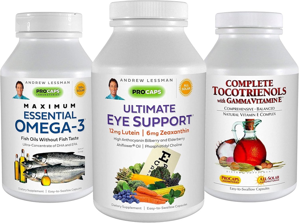 ANDREW LESSMAN 3 Product Eye Health Bundle - 360 Softgels Ciascuno di Ultimate Eye Support, Massimo Essential Omega-3 e Tocotrienols Complete. Promuove e sostiene la salute degli occhi.