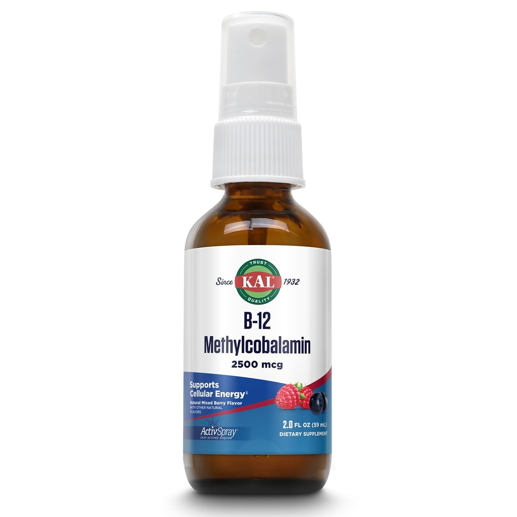 KAL Vitamina B12 Methylcobalamin ActivSpray 2500mcg, Energia sana, Metabolismo, Nerve & Red Blood Cell Support, * Liquido ad azione rapida B12, Assorbimento massimo, Natural Berry Flavor, 80 Servings, 2 fl oz