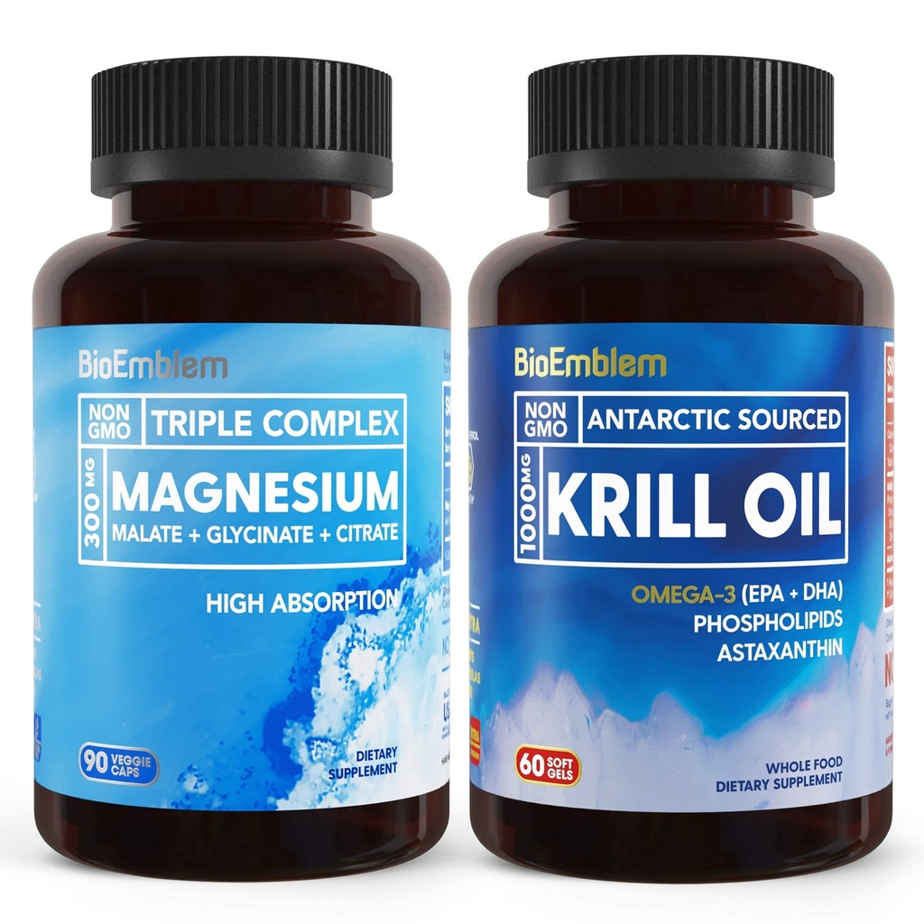 BioEmblem Triple Magnesium Complex e Antarctic Krill Oil, Supporta la salute del sonno e del cervello, il cuore e la salute comune, promuove la salute cardiovascolare e supporta il rilassamento