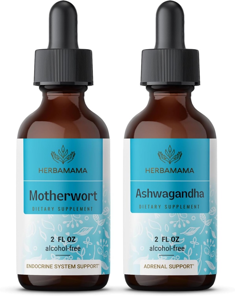 HERBAMAMAMA Kit di gocce di liquido a base di erbe - Bundle di estratto di madreperla & Ashwagandha Tincture 2 fl oz - Vegan, Non OGM, Sugar & Alcohol-Free - 2 Pack
