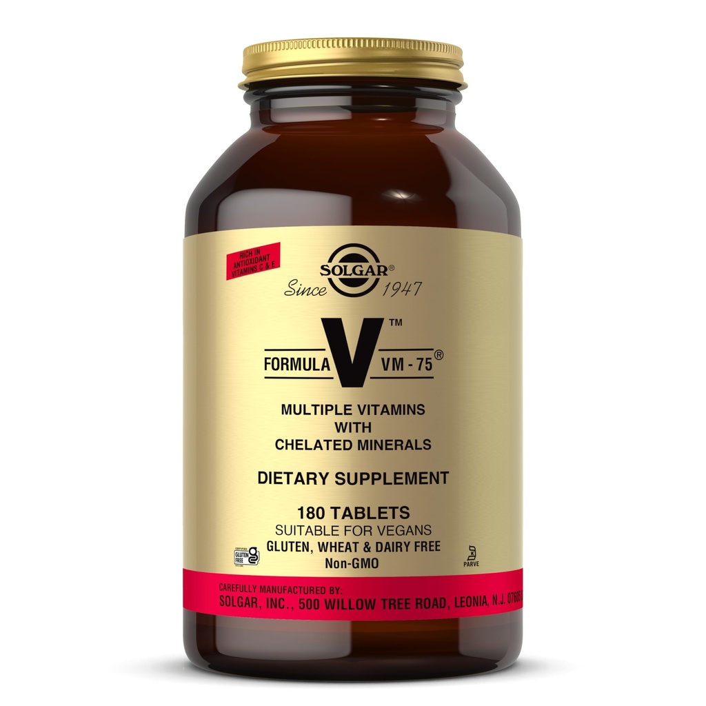 Solgar Formula VM-75, 180 Compresse - Multivitamina con Minerali Chelati - Vitamina A, B6, B12, C, D, E - Biotina, Magnesio, Calcio, Ferro, Zinco - Vegan, Gluten Free, Dairy Free, Kosher - 180 Serve