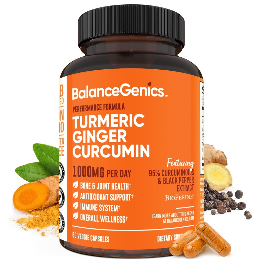 Integratore curcuma curcuma curcuma con pepe nero & Ginger Root 1000mg | Formula ottimizzata 95% Curcuminoidi Curcuma | Joint Health & Inflammation Support | 60 capsule polvere riempita