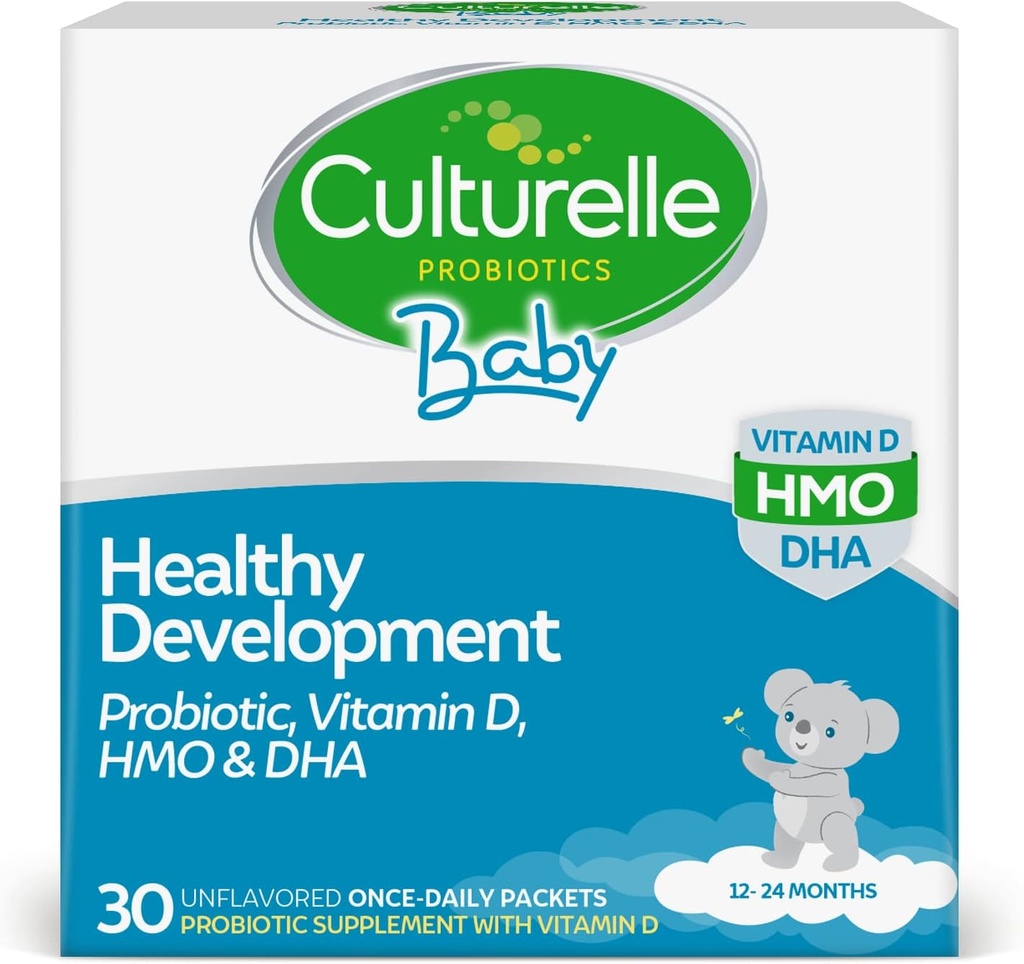 Culturelle Baby Healthy Development Probiotic, Vitamina D,HMO & DHA Packets, Aiuta a promuovere un sistema immunitario sano e digestivo * in Babies & Kids Ages 1+,Gluten Free & Non-GMO, 30 Count (Pacchetto di 1)