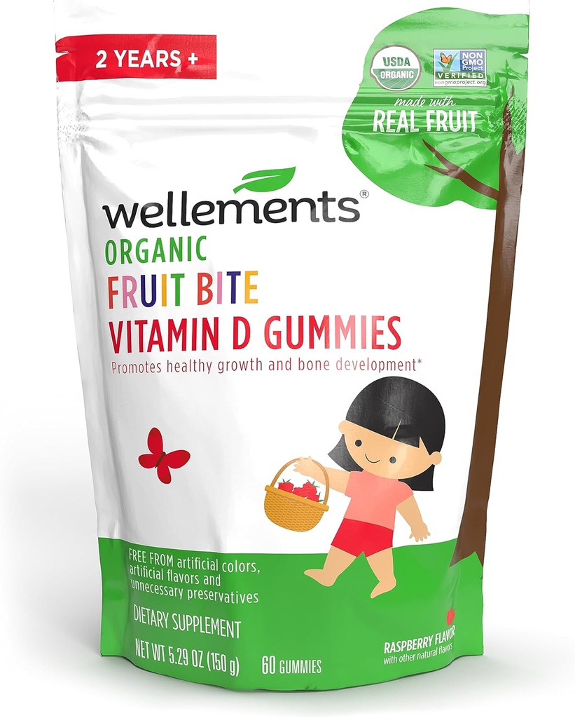 Wellements Organic Fruit Bite Vitamin D Gummies | Vitamina D3 Gummy per bambini, Supplemento per la crescita sana e sviluppo di ossa*, Raspberry Flavor | 60 giorni di alimentazione, età 2+