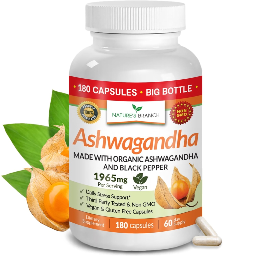 UDAF ha verificato Ashwagandha organico con pepe nero - 180 capsule - 1965mg di forza extra per lo stress, sonno, umore, tiroide, messa a fuoco, capelli, Vegan Pure Root Extract Powder - Men and Women Supplements
