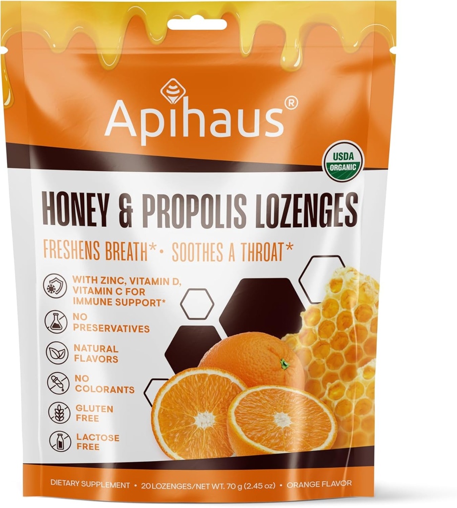 Miele e Propolis Lozenges Arancione Flavor, rinfresca il respiro - Soothes a Throat- Supporto immunitario con vitamina C, vitamina D e zinco, 20 Conte