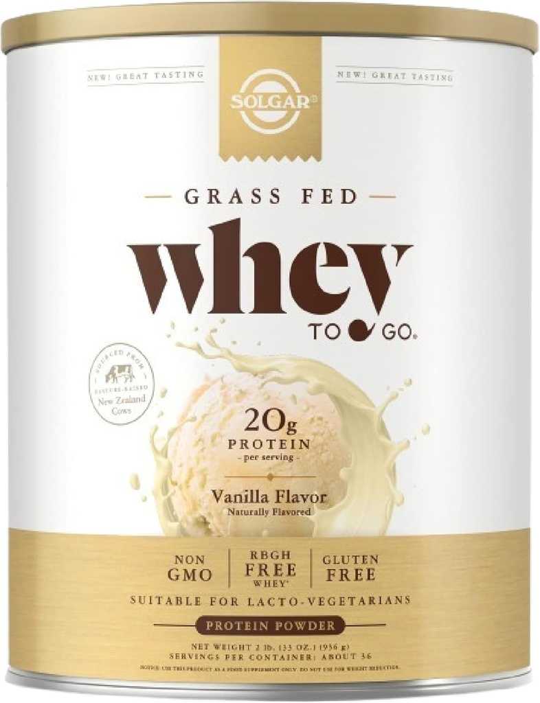 Solgar Grass Fed Whey to Go, Vanilla - 2 lb - Grass-Fed Whey Protein Powder - rBGH Free, Non-OGM, Gluten Free - 36 Servings