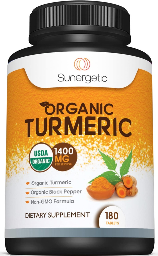 Sunergetic USDA Certified Organic Turmeric Supplement – Include Organic Turmeric & Organic Black Pepper – 1.400mg di Turmeric per Serving - 180 Count (Pack of 1)