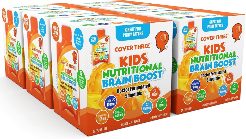 Coprire tre supplementi per bambini Brain Supplemento Smoothie, Omega 3 bambini liquidi DHA Fish Oil, Salute bambini messa a fuoco e attenzione, Supporto emotivo, 20 sacchetti, Confezione 6
