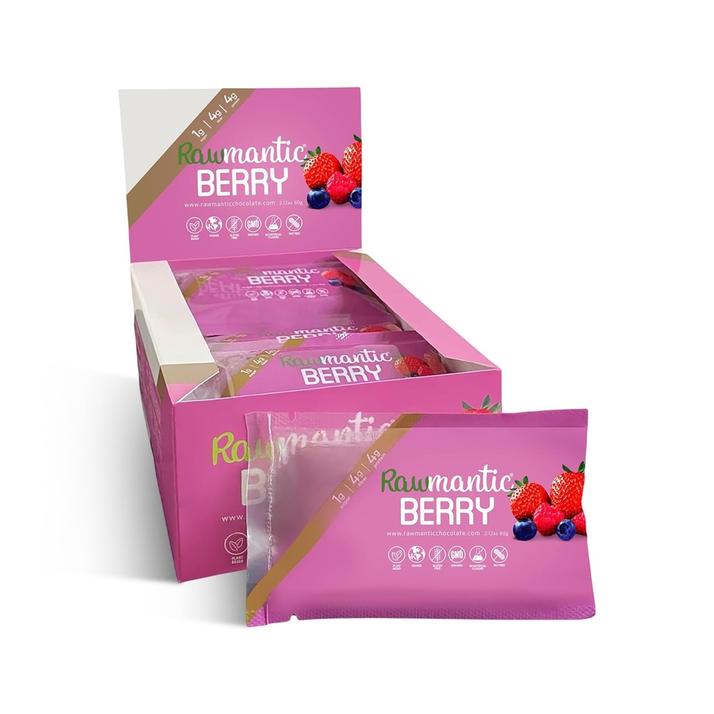 Rawmantic Chocolate Berry Vegan Energy Bars - 2.1 Oz (Pack of 12) - Chocolate Snack Bars - Dairy, Nut and Gluten Free Mixed Berry Bar - Perfetto per Vegan Diets - Non-OGM Mixed Berry Chocolate Energy Bars