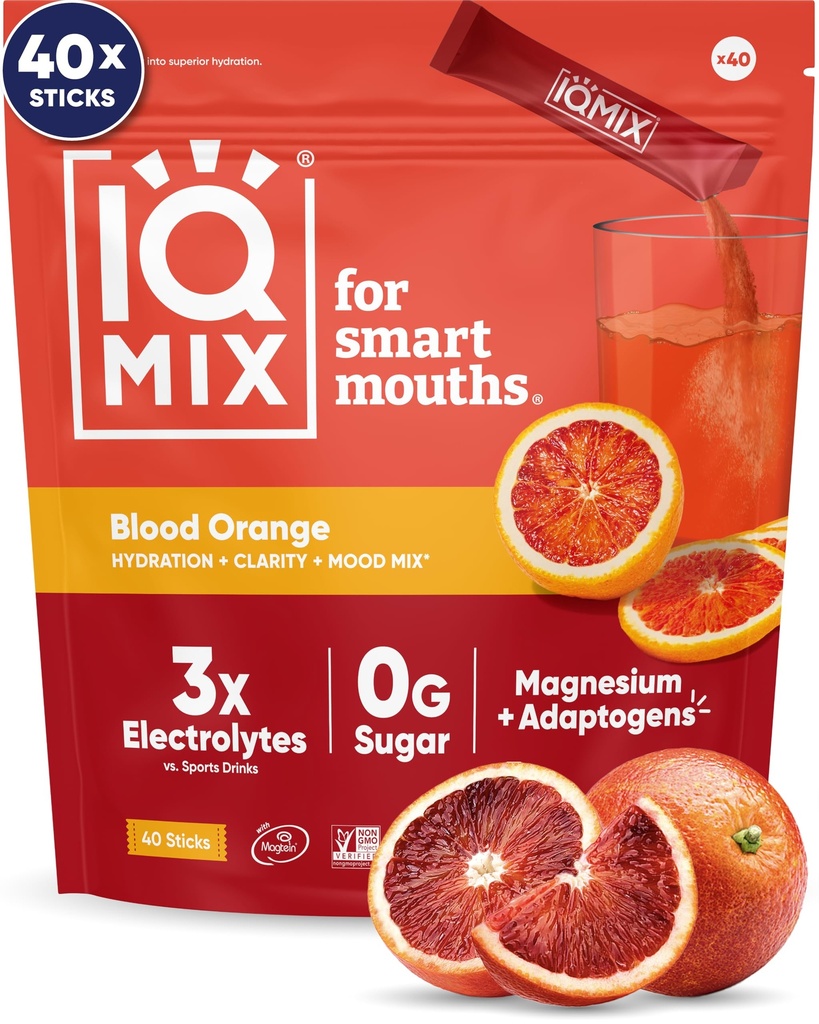 IQMIX Hydration Electrolyte Powder – Formula 4-in-1 per l'idratazione, la consistenza mentale, l'umore e il recupero – Miscela di bevanda senza zucchero, Keto, Magnesio L-Threonate, Mane del leone – 40 Conte Blood Orange