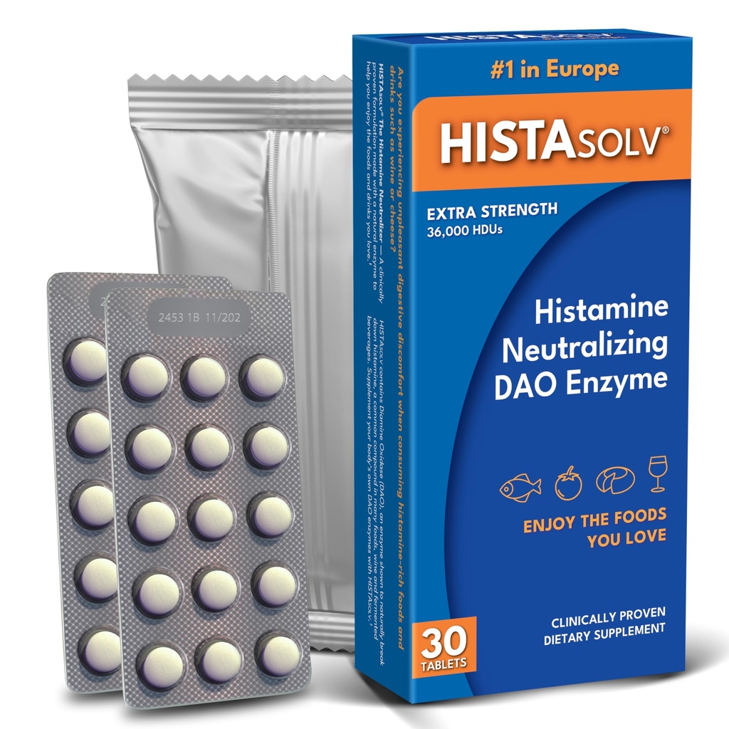 HISTAsolv supplemento extra di resistenza DAO enzime per l'intolleranza alimentare istamina - Facili Discomfort digestivo - Tecnologia brevettata - Made in Austria - 30 Pack