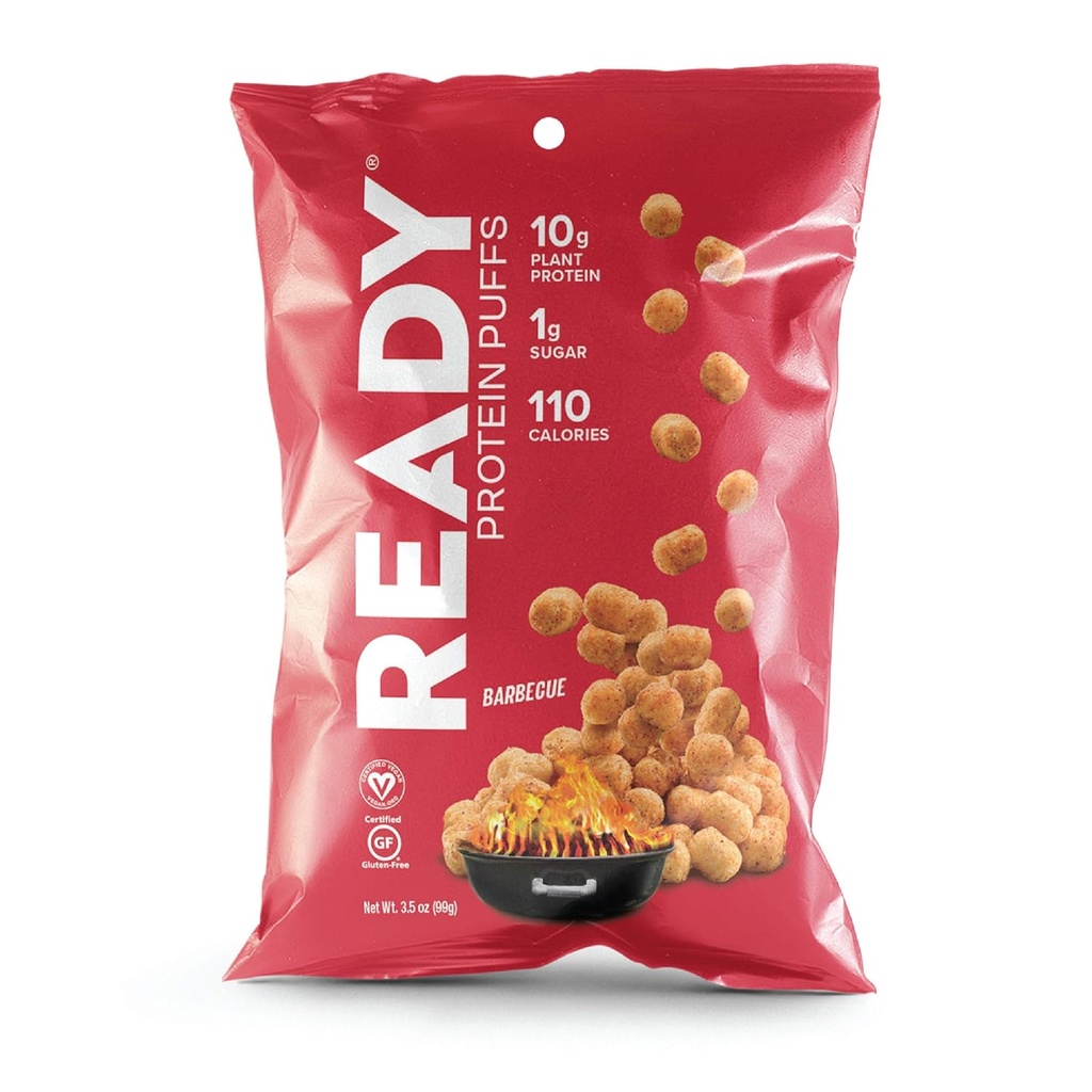 Ready® Protein Puffs – Spuntino croccante ad alta produttività – Proteine a base vegetale da 10g, 110 Calorie – Vegan, senza glutine, senza aromi artificiali – Barbecue (caso di 6, sacchetti da 3,5 oz)