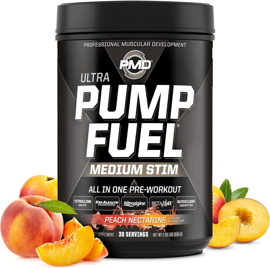 Pompa sportiva PMD Fuel Ultra Medium Stim - Premium Pre Workout Powder & Muscle Pump, Maggiore messa a fuoco, Endurance & Recovery, Creatina Premium, Arginina & Beta Alanine - Peach Nectarine (30 Serve)