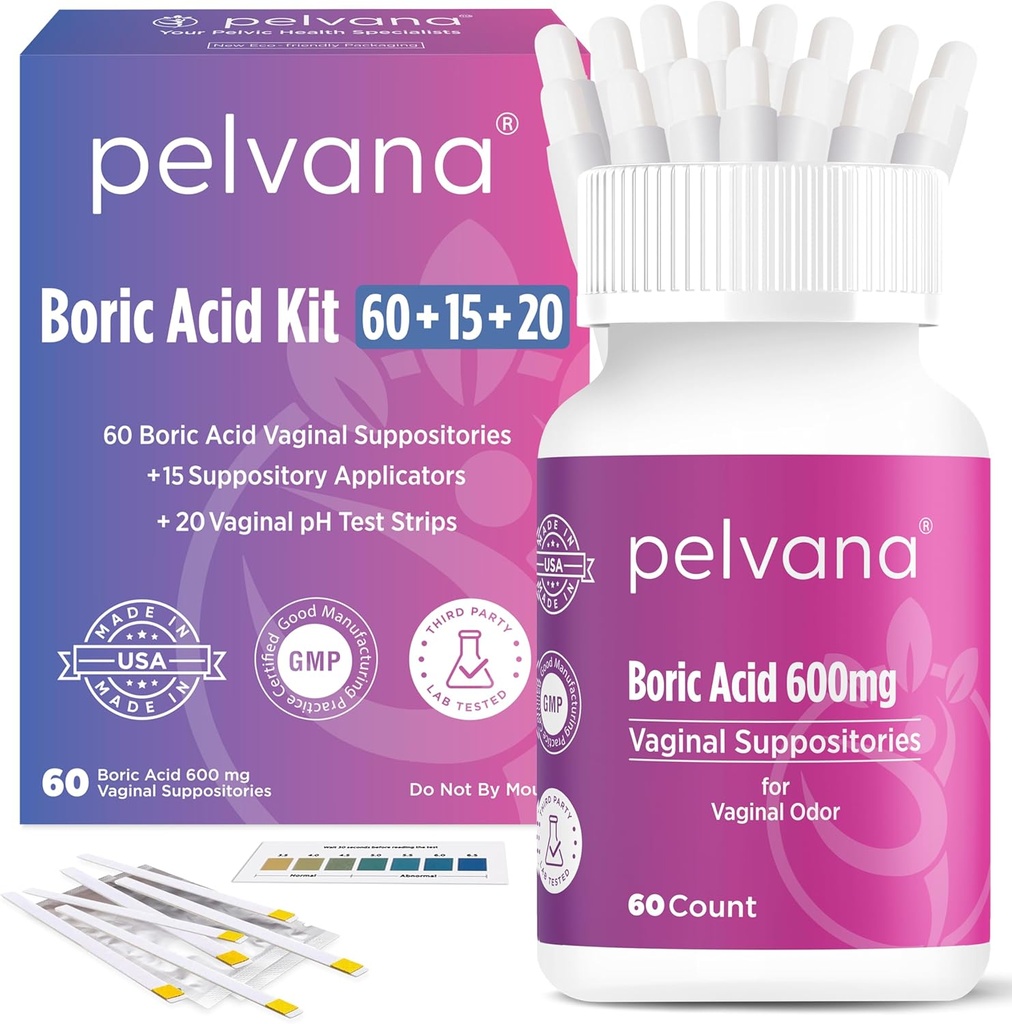 Assortimenti di acido borico del Pelvana per le donne 60 + 15 Applicatori + 20 strisce di prova del pH = 95 pezzi Kit per l'odore vaginale - Laboratorio di terze parti testato e fatto negli Stati Uniti