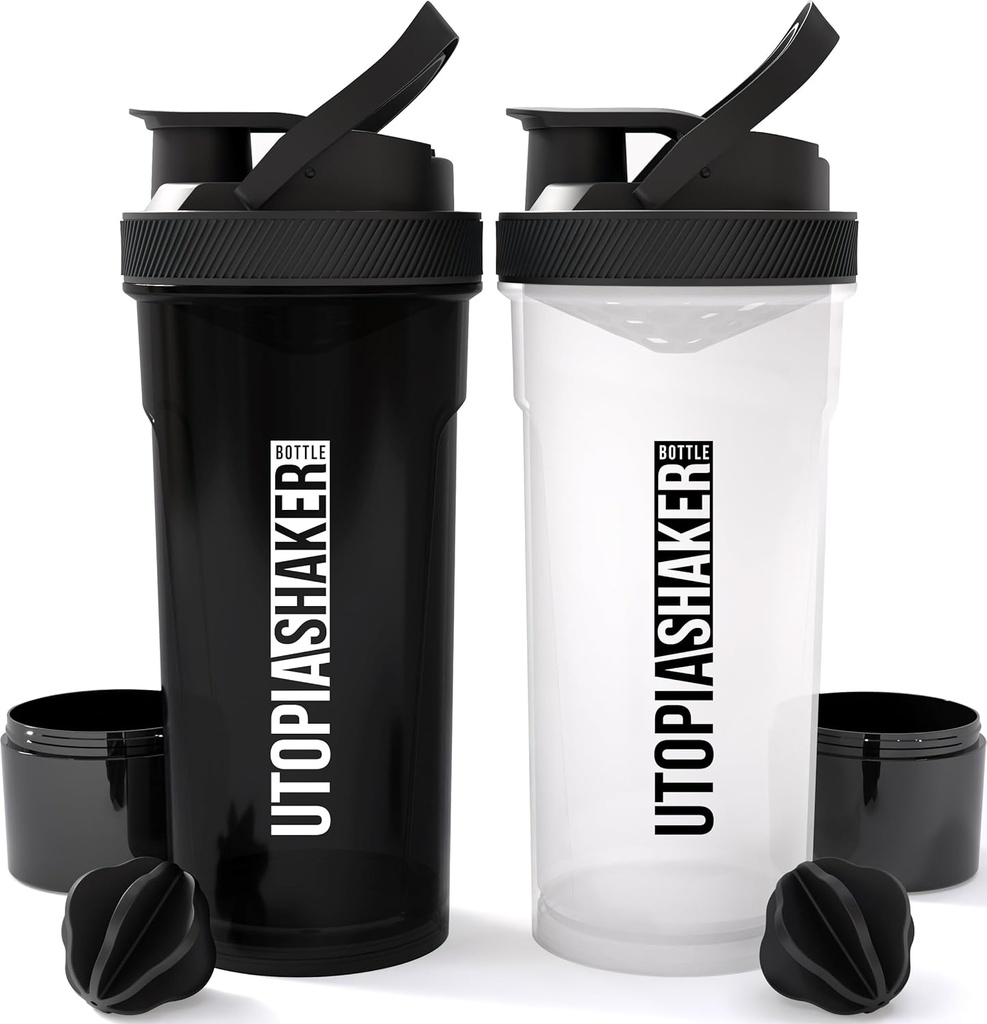 Utopia Home Shaker Bottiglia 2 Pack - 24 Ounce Plastic Protein o Cocktail Shaker Bottiglia per Pre & Post allenamento con Twist & Lock Protein Box Storage (Tutto Nero & Clear/nero)