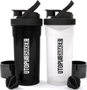 Utopia Home Shaker Bottiglia 2 Pack - 24 Ounce Plastic Protein o Cocktail Shaker Bottiglia per Pre & Post allenamento con Twist & Lock Protein Box Storage (Tutto Nero & Clear/nero)