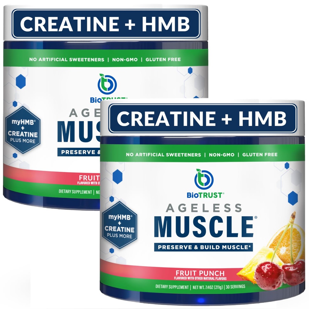 BioTrust Ageless Muscle Builder - Creatina HMB Polvere con vitamina D3 & Betaine - Costruire & Preserve Naturally Declining Muscle Mass & Strength - Fruit Punch, 60 Servings