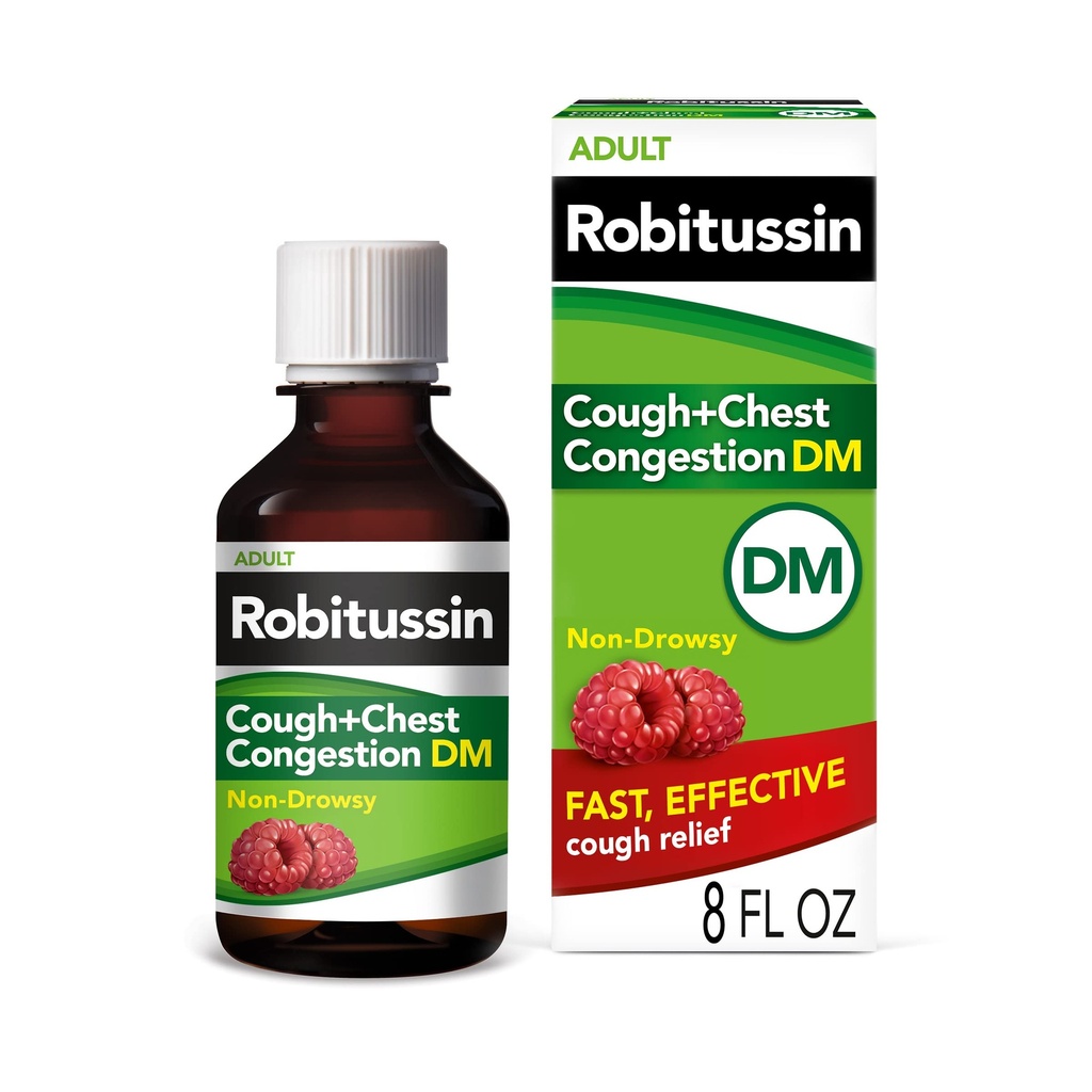 Robitussin Cough e Chest Congestion DM, Cough Suppressant e Expectorant, Raspberry Flavor - 8 bottiglia di Fl Oz