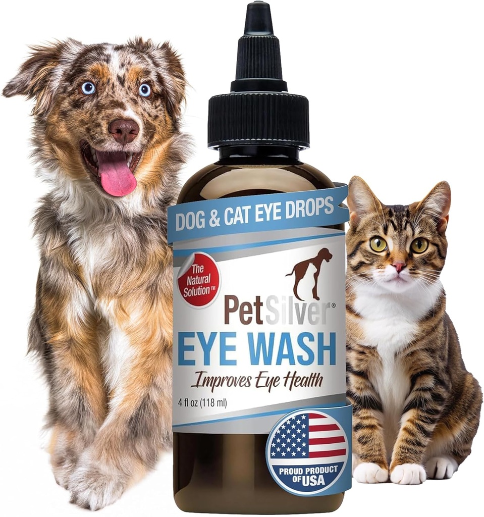 PetSilver Eye Drops for Dogs and Cats - Natural Dog Eye Wash - Rilievo per Inflammation & Irritation - Pet Eye Cleaner and Tear Stain Remover - Patented Silver Formula - Made in the USA - 4 fl oz