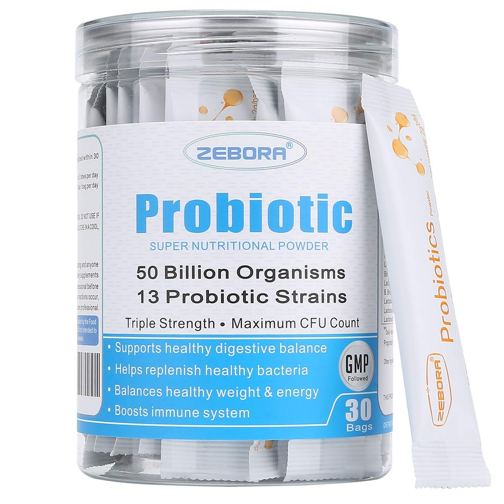Probiotici ZEBORA per donne, uomini e bambini, Prebiotici e Probiotici Polvere per la salute del fegato digestivo e immunitario - Supporto Gluten sano-respiratorio-sistema senza glutine e non OGM, 30 pacchetti