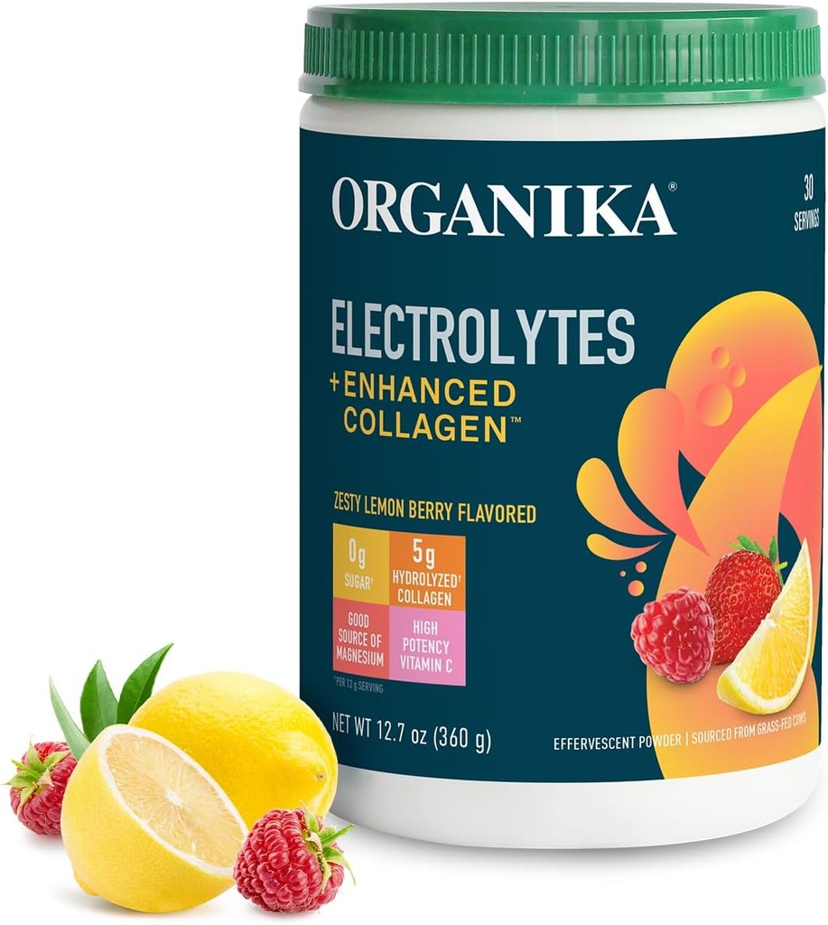 Organikа Electrolytes with Enhanced Collagen Powder for Women & Men - 13 oz - Zesty Lemon Berry-Flavored Electrolyte & Collagen Drink Mix - Deep Hydration, Mobility, Skin, Hair, & Nails