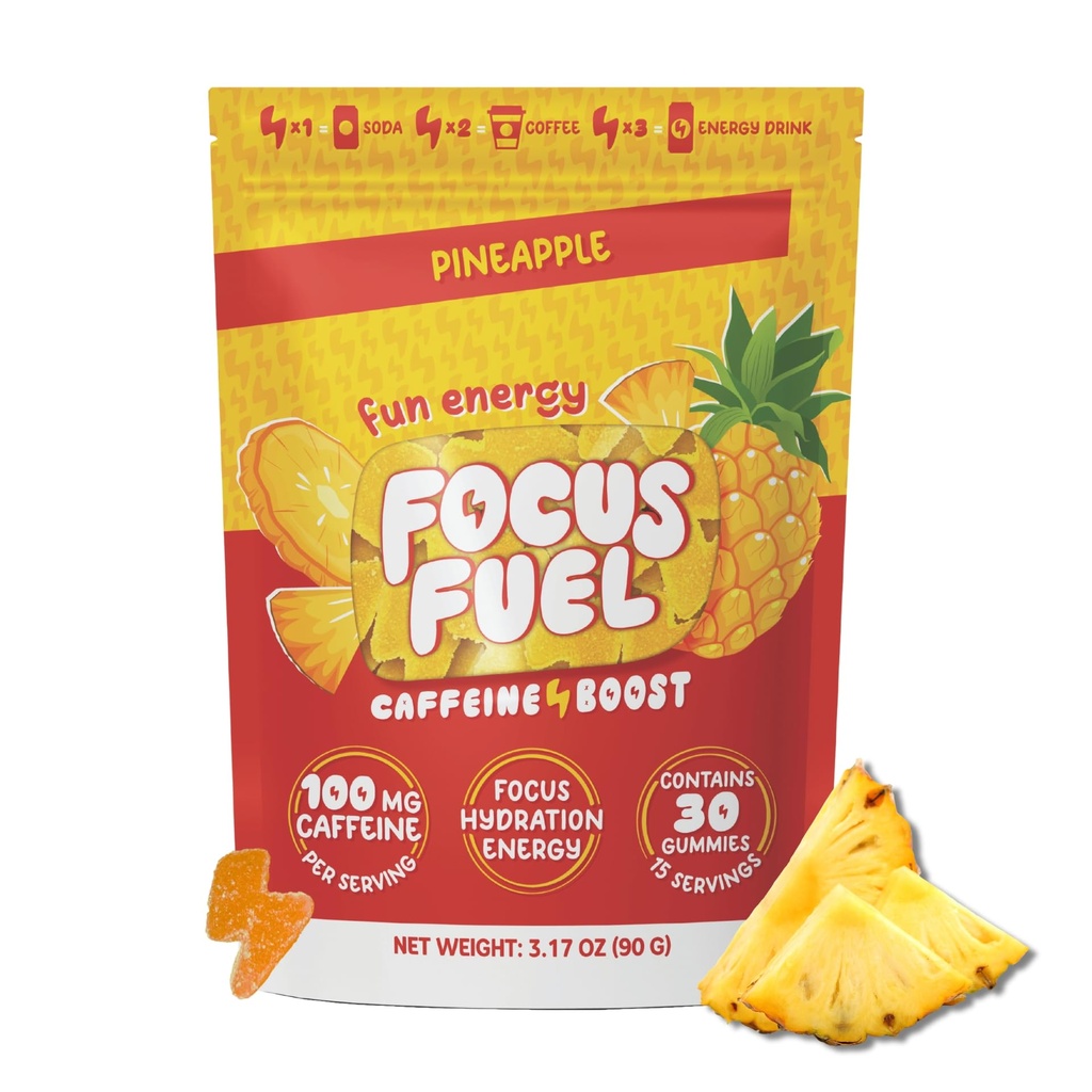 FocusFuel Energy Chews – Ananas Flavor (15 Serve) – 100 mg Caffeina + Alpha GPC + L-teanina + B12, Magnesio – Potenziamento dell'energia tropicale – No Crash o Jitters