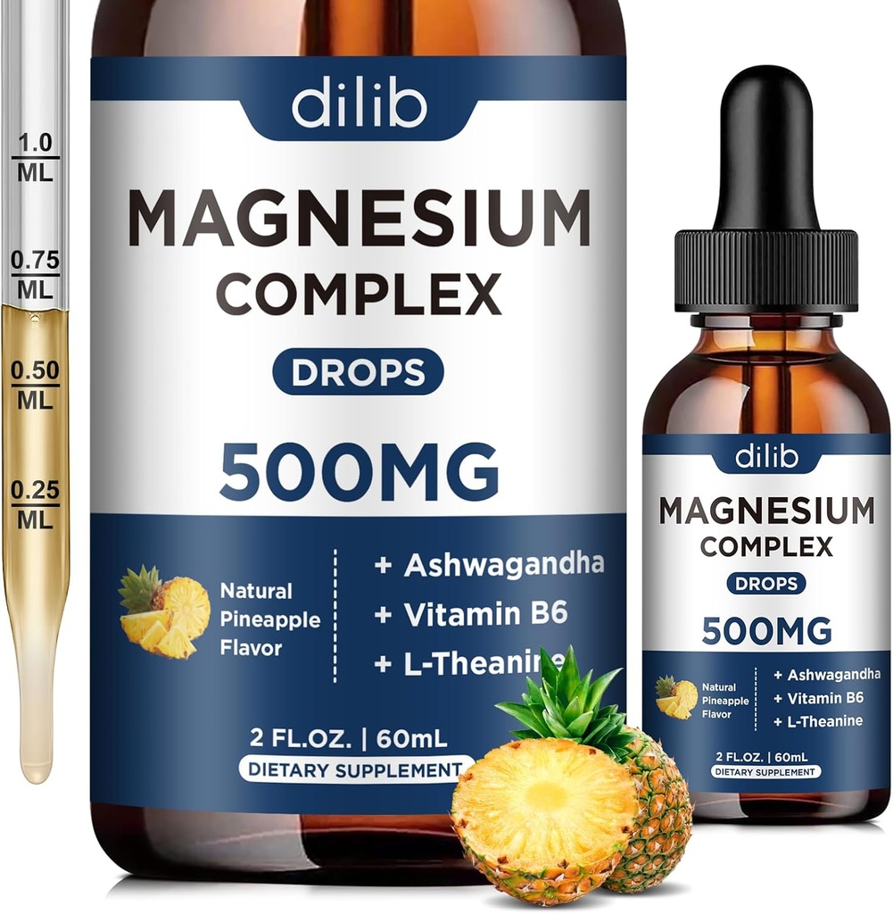 Triple Magnesium Complex Supplement-Magnesium Glycinate, Citrato, Malate Liquid Drops 500mg con Ashwagandha, L-teanina, Vitamina B6 per calma, Stress sollievo, sonno, supporto muscolare-Pineapple Flavor