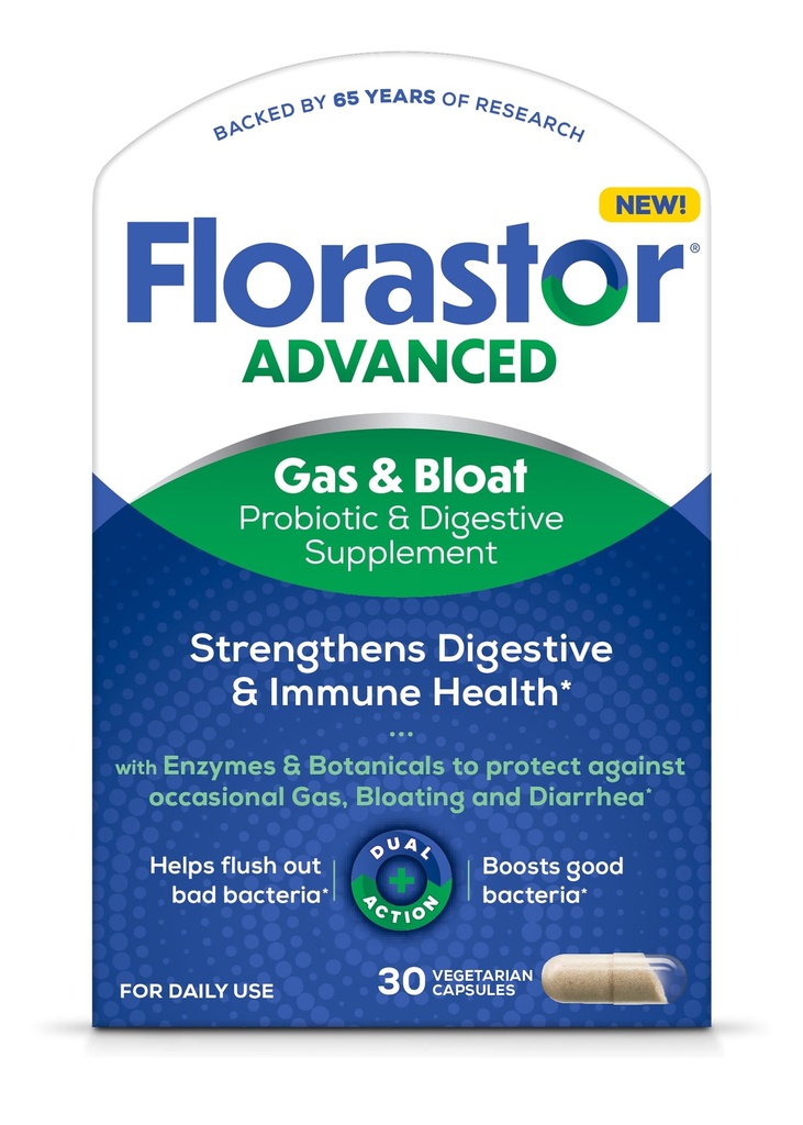 Florastor Advanced Gas and Bloat Probiotic, Enzimi Digestivi e Botanici, Plus Probiotici per la salute digestiva, 30 capsule
