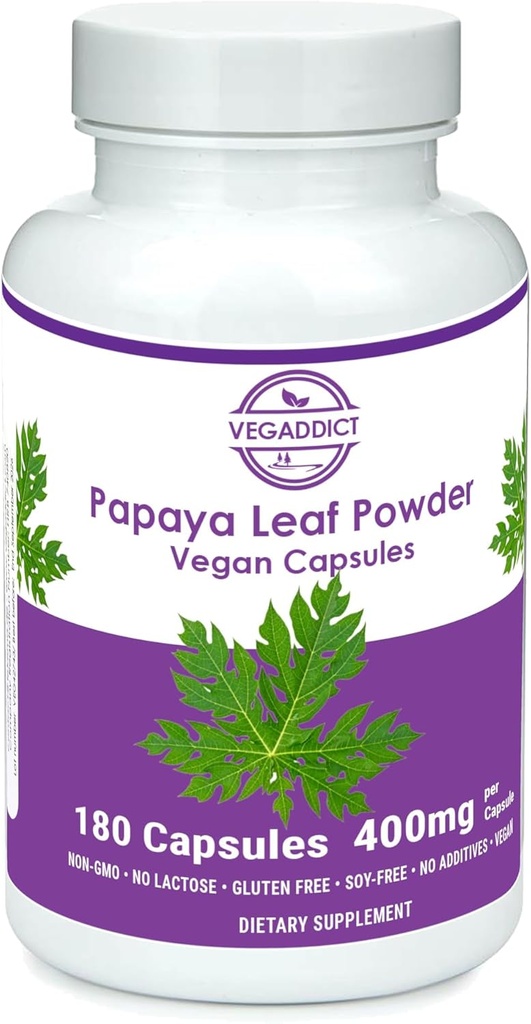 Papaya Leaf Powder | 340mg Capsule | ethycally sourced | Supporto Platelet | Gluten & Lactose Free | Soy-Free | No Additivi | Non OGM | Vegan | Supplemento nutrizionale | Integratore alimentare (180X)