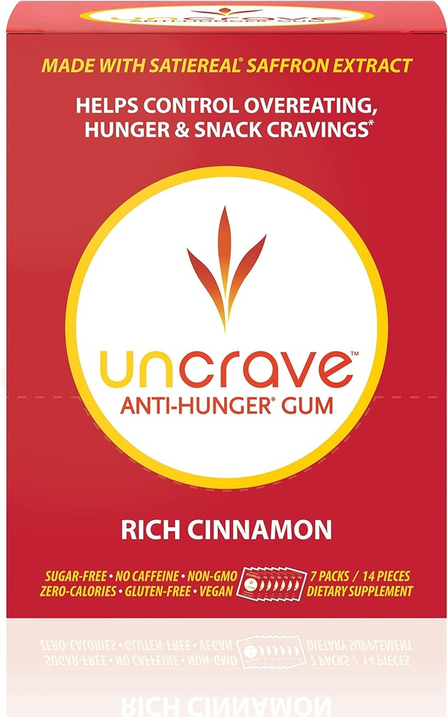 UNCRAVE Gum - Infuso con 100% Pure Saffron Extract – Control Cravings - Migliorare l'umore - Vision Health - Rich Cinnamon (14 Pezzi)