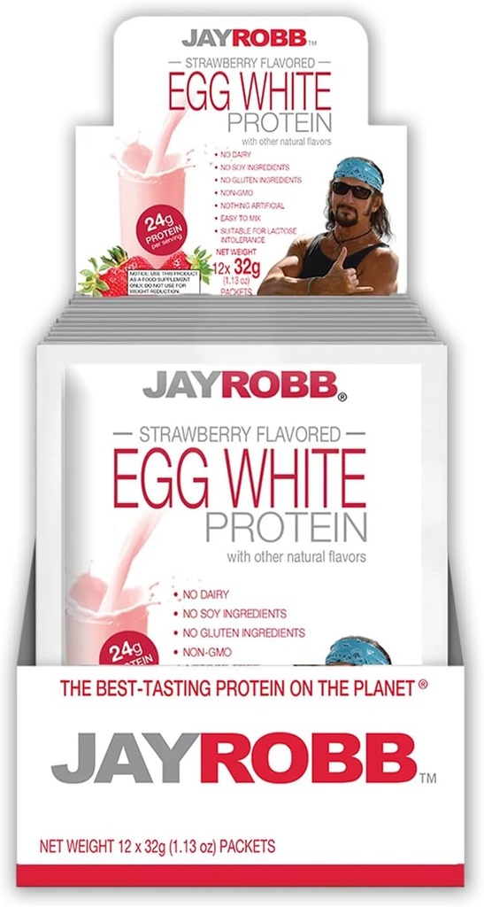 JayRobb Egg polvere di proteine bianche, basso carb, Keto, vegetariano, senza glutine, senza lattosio, senza zucchero Aggiunto, senza grasso, senza soia, niente artificiale, non OGM, Best-Tasting (pacchetti individuali, fragola)