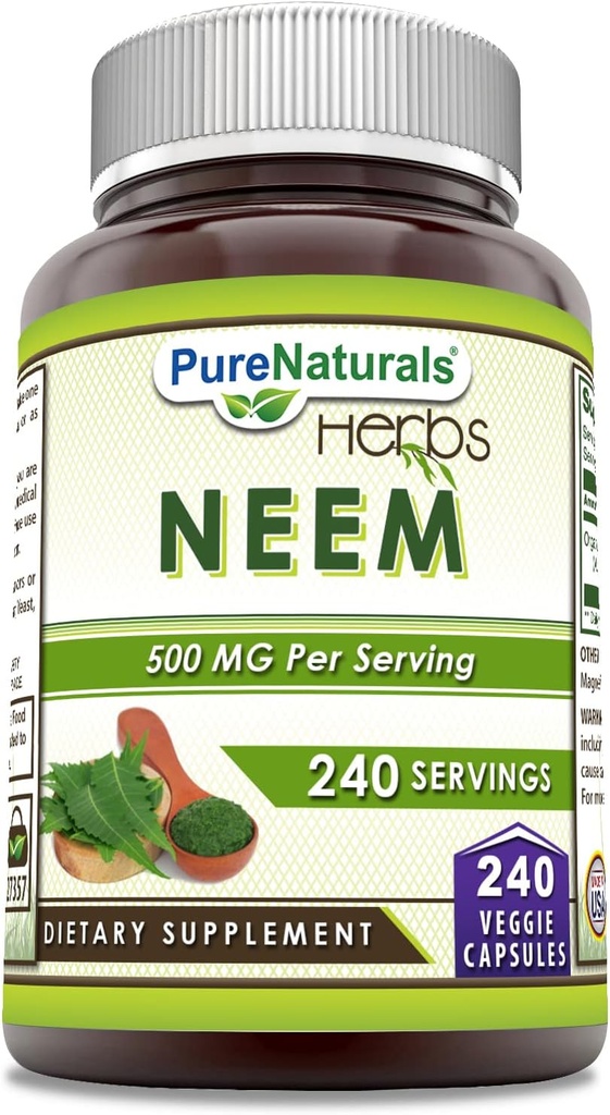Pure Naturals Neem (Made with Natural Neem Leaf) | 500 Mg per Serving 240 Veggie Capsule Supplemento | Non-GMO | Gluten Free | Made in USA | Ideale per vegetariani