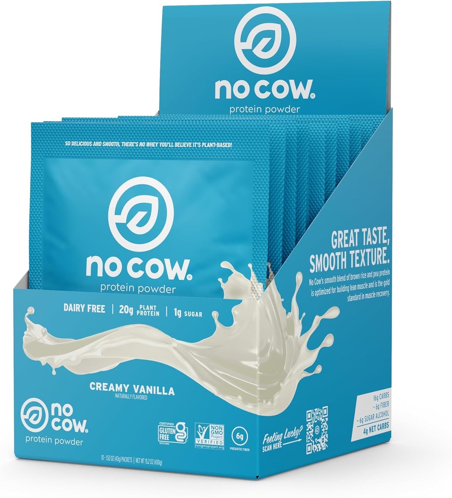 No mucca Vegan Protein Powder, Vanilla, 20g Proteine a base di piante, Pacchetti di singola dose, Dairy Free, Soy Free, No Sugar Aggiunto, Keto Friendly, Gluten Free, Naturale Sweetened, Non OGM, Kosher, 10 Count