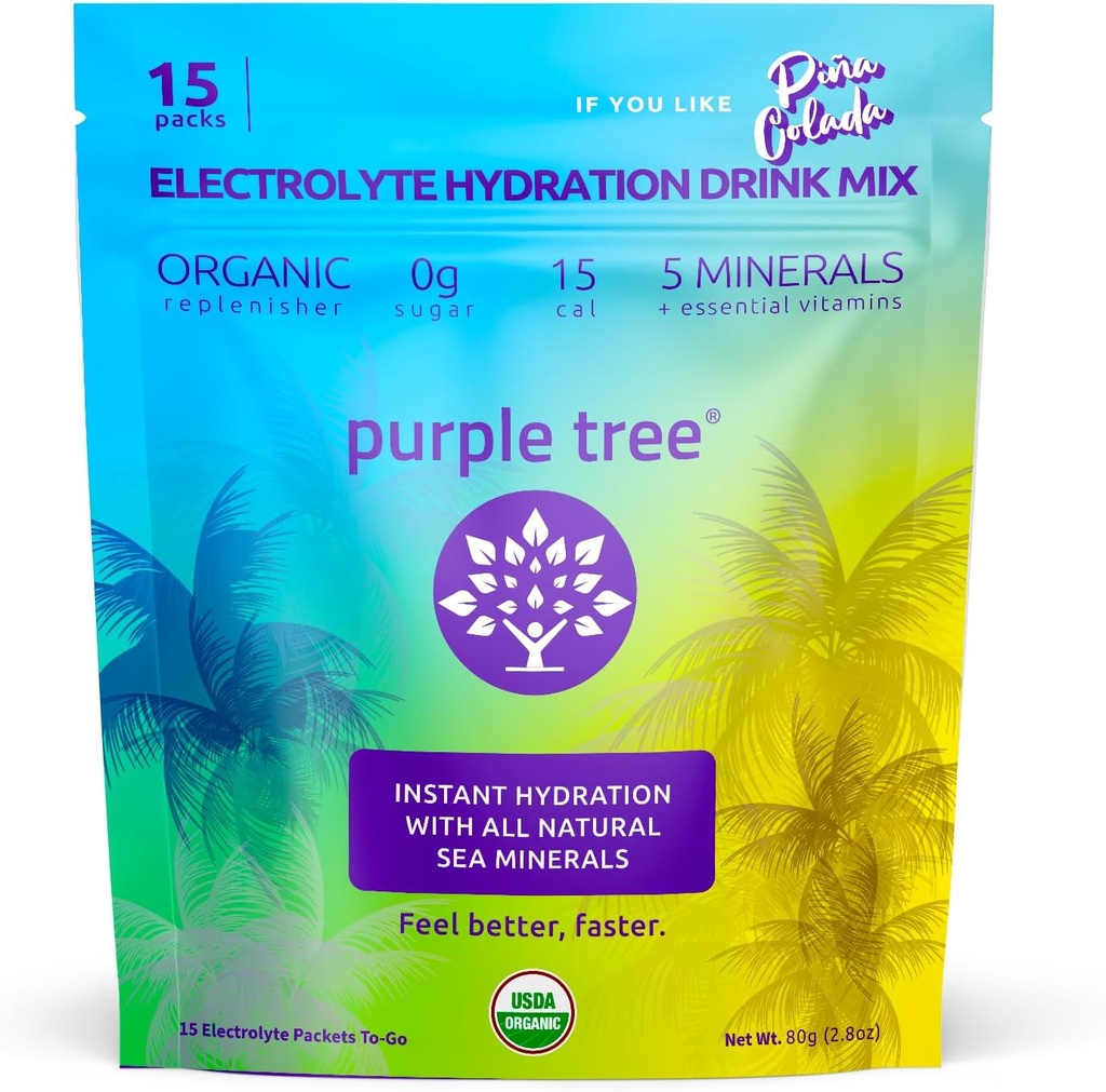 Imballaggi per l'idratazione organica dell'albero di viola – Pina Colada Flavor, Stick per l'idratazione liquida senza zucchero per la rapida riidratazione, Miscela giornaliera di bevanda di elettrolita per il sollievo da disidratazione, 15 To-Go Packs